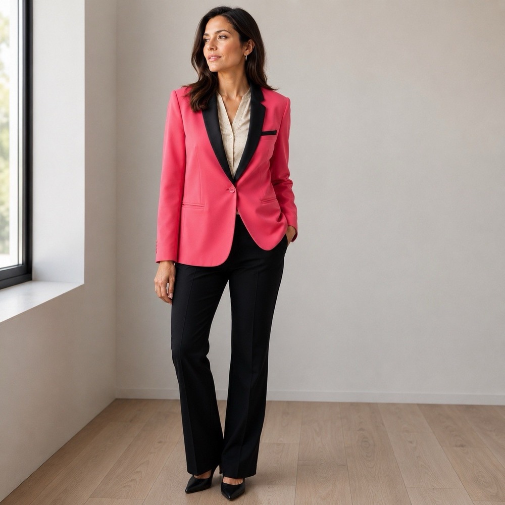 Max&Co Pink Tuxedo Blazer Size 8 Pink Black Satin Lapel Cocktail Chic Statement